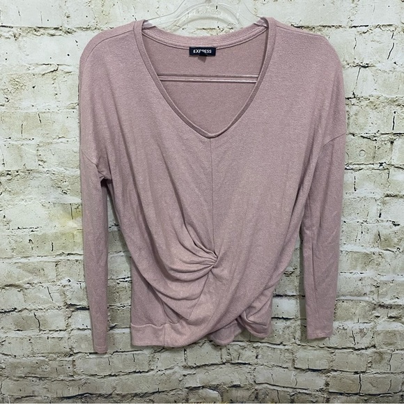 Express Pink Soft V Neck 3/4 Sleeve Tie Front Top - Picture 1 of 5